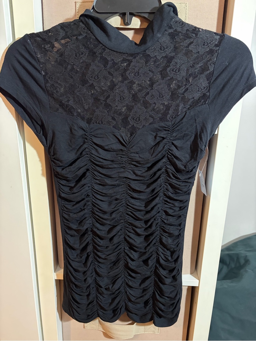 vintage XXI Black Ruched Lace Yoke top